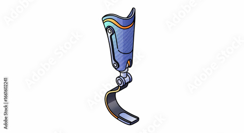 Modern prosthetic leg with a dynamic blade foot, an isolated illustration representing advanced medical technology and accessibility. Adaptive athlete.