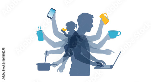 Illustration of a busy modern father multitasking, juggling work from home, family, and household chores. Parent Burnout. 