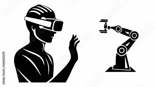 Silhouette of person wearing vr headset with hand raised near robotic arm in a black and white design