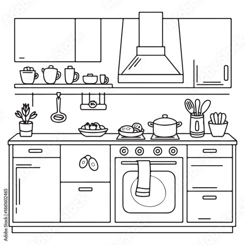 Kitchen Counter with Appliances, Pots, and Utensils - Perfect Home Design Coloring Art
