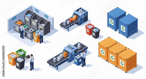 Isometric Illustration of Recycling Process Collection, Sorting, and Storage. Recycling Hub.