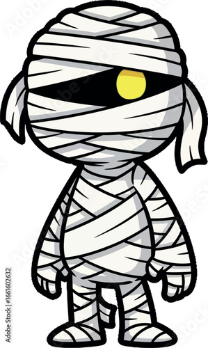 Charming cartoon mummy figure wrapped in bandages, an isolated ancient Egyptian monster graphic for Halloween design projects.