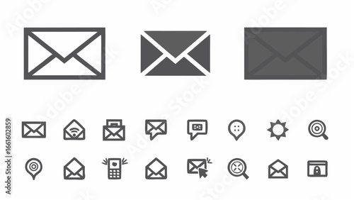 Collection of various email and message icons including open and closed envelopes and communication symbols