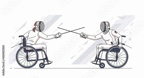 Illustration of two focused athletes in wheelchairs fiercely competing in a fencing match, symbolizing the dedication and inspiring spirit of adaptive sports. Adaptive athlete.