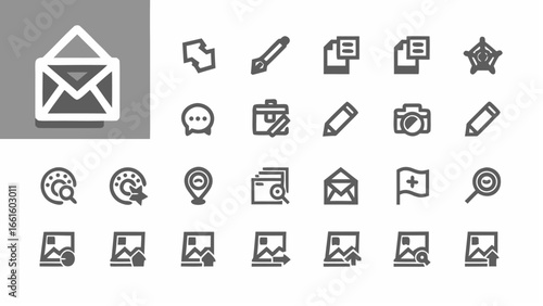 A collection of various line icons including mail, edit, document, camera, and location symbols seen here