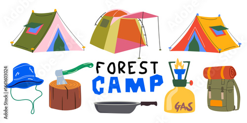 Camping stickers set in retro cartoon style. Nature outdoor adventure. Trekking, travel, tourism concept. Vector elements for active recreation
