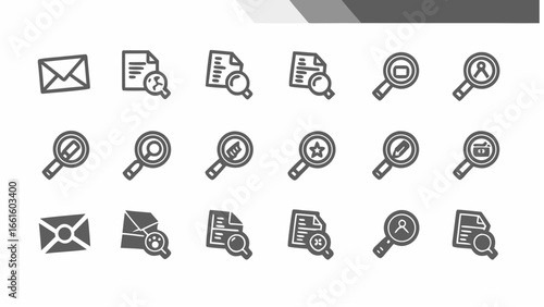 Illustration of various search and document icons including email, magnifying glass, and document icons