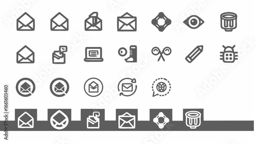 Illustration of various icons including envelopes, scissors, pencil, eye, and other miscellaneous objects