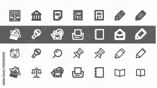Illustration showcasing a variety of office related icons and symbols arranged in a grid pattern format