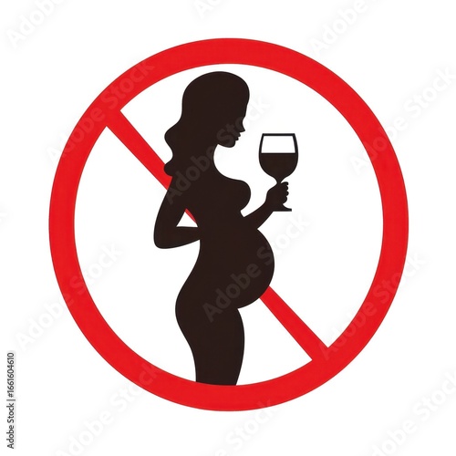 A graphic depicts a silhouette of a pregnant woman holding a wine glass, enclosed in a red prohibition circle. This symbolizes the importance of avoiding alcohol during pregnancy.
