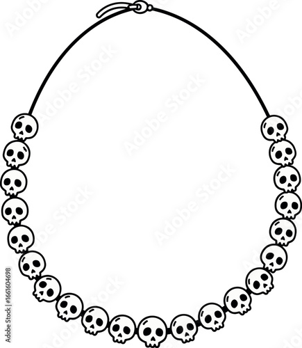Vector Outline Illustration of a Whimsical Skull Bead Necklace, a Unique Accessory Perfect for Alternative Fashion, Halloween Themes, or Gothic Lifestyle Designs