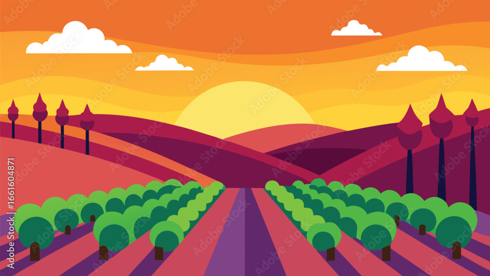 Obraz premium Stylized vineyard at sunset scenic landscape vector illustration for wine production and agriculture