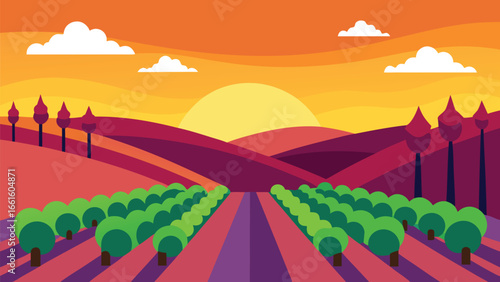 Stylized vineyard at sunset scenic landscape vector illustration for wine production and agriculture