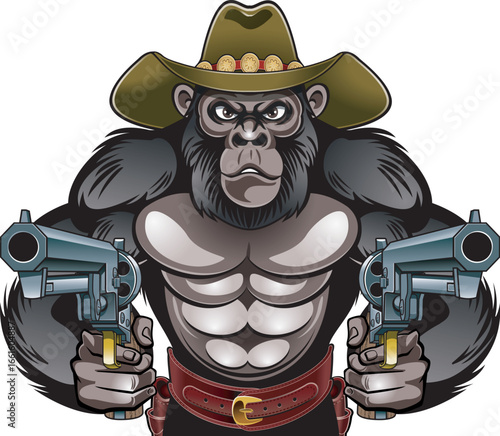 Cartoon style gorilla wearing cowboy hat and holding guns 