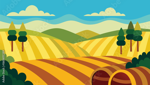 Sunny vineyard landscape vector illustration rolling hills nature agriculture