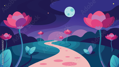 Magical night landscape with giant flowers and moonlit path vector illustration