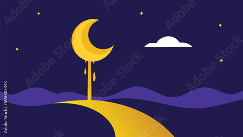 Surreal crescent moon pouring light onto a winding path under a starry night sky