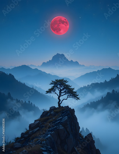 Red Moon Over Blue Mountain Range with Lone Tree on Rocky Peak at Dusk
