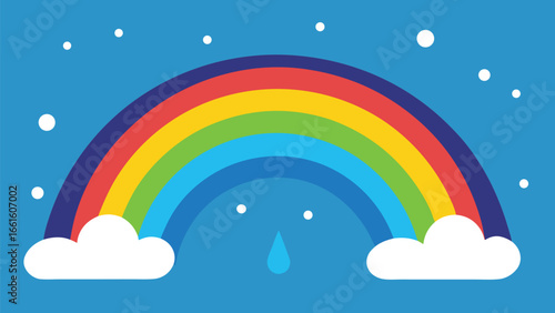Vibrant rainbow arch over clouds after rainstorm with falling drops scalable vector illustration