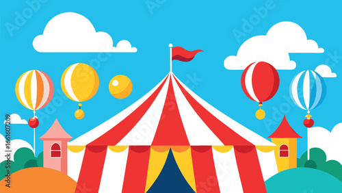 Whimsical vector circus illustration with bright tents and hot air balloons