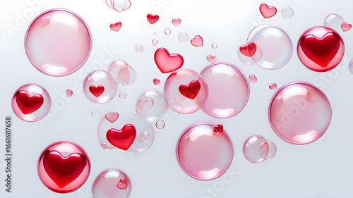 
Lots of rainbow soap bubbles with hearts on a light background. Transparent multi-colored soap bubbles.