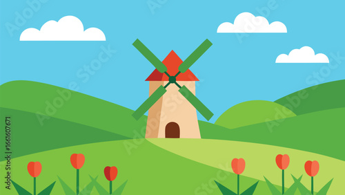 Whimsical dutch windmill in lush green valley with tulips and clouds vector illustration