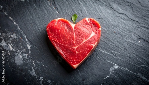 Heart-shaped raw beef steak on dark stone