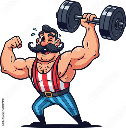 Strong Cartoon Weightlifter with Mustache Illustration