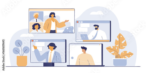 Virtual meeting flat design illustration, business people on video conference call with multiple screens, remote collaboration vector