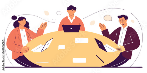 Business roundtable discussion illustration, flat design vector, modern corporate style
