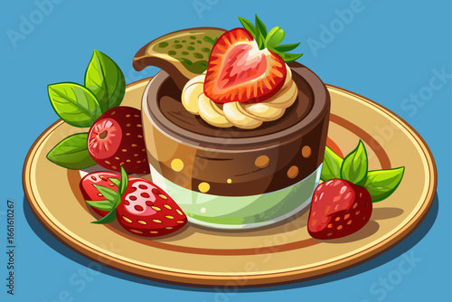 vector of (Luxury dessert with chocolate mousse, strawberries and mint leaves beautifully decorated)