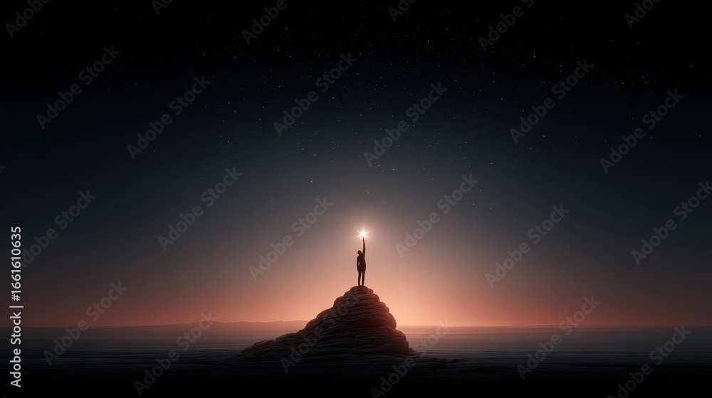 Fototapeta premium Silhouette of a Figure Holding a Light on a Rocky Promontory Against a Starry Sky at Dawn