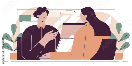 HR interview meeting illustration, recruiter and candidate sitting at desk, flat vector