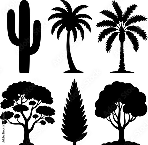 black silhouette tree and plant shapes, representing diverse species and forms