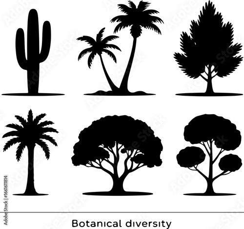 black silhouette tree and plant shapes, representing diverse species and forms