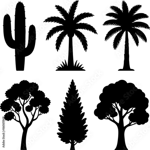 black silhouette tree and plant shapes, representing diverse species and forms