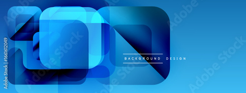 Abstract blue shapes overlap creating dynamic composition. Modern design elements suggest technology, innovation, visual appeal.