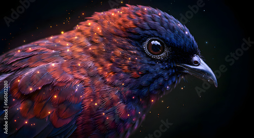 Exotic Bird with Colorful Feathers and Sparkling Lights on Transparent Background