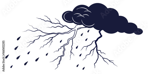 Dynamic weather illustration featuring a storm cloud with lightning strikes and falling raindrops evoking a sense of natural power and atmospheric drama for visual projects