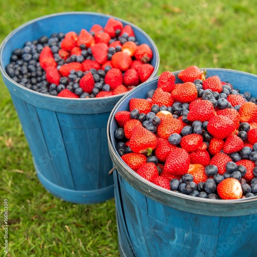 Two blue wooden-look buckets overflowing with fresh strawberries and blueberries