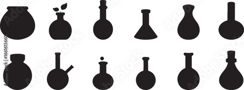 Chemistry flask silhouette, science lab vector, laboratory glassware outline, flask clipart design, chemical bottle artwork, beaker silhouette vector, chemistry icon design, lab equipment artwork, bla