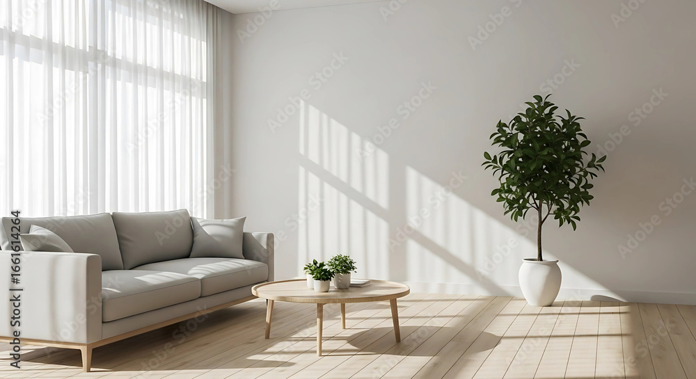 Fototapeta premium Photorealistic Sunlit Scandinavian Living Room Interior, Minimalist Neutral Decor with Plants, Sheer Curtains, Copy Space