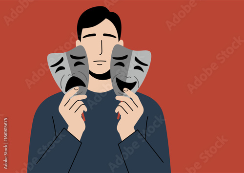 Man holding two theatrical masks, symbolizing different emotions, tragedy and comedy. Concept of bipolar disorder or hidden feelings. Mental health.