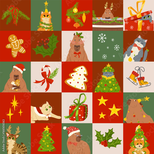 Christmas seamless pattern with cute animals characters. Xmas hand drawn print design with decorative elements. Festive vector geometrical background for wrapping paper, print, fabric, holiday decor