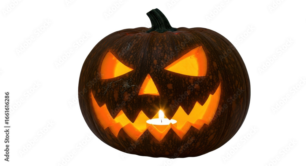 Fototapeta premium Spooky Pumpkin Jack O’ Lantern Glowing with Candlelight on transparent background PNG