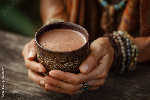 Cacao ceremony. Female hands holding a cup of pure organic ceremonial cacao drink.