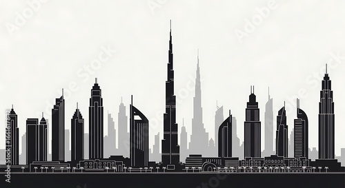 Dubai Cityscape Silhouette: Iconic Skyscrapers and Modern Architectural Design
