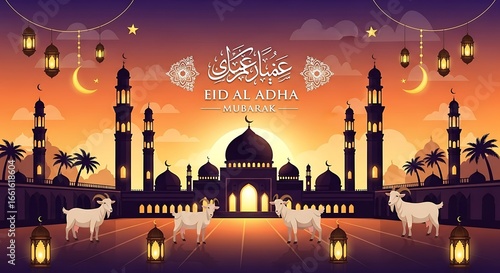Eid Al Adha Mubarak illustration with goats, mosque, lanterns, crescent moons, and stars against a sunset sky