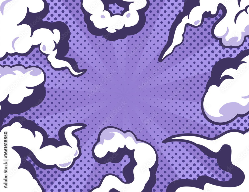 Fototapeta premium Cartoon comic smoke clouds on purple pop art background with halftone dots, sunburst rays, manga anime style, radiation speed lines, retro smoky frame, sky swirl pattern. Vector texture