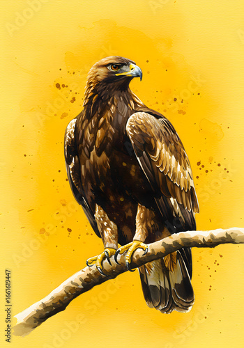 Majestic Eagle Perched on Branch Watercolor Painting in Bright Yellow Backdrop